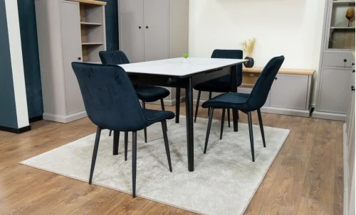 Set Masă Living Extensibilă KJT4711-1 Alb cu 4 Scaune KJC176 Negre