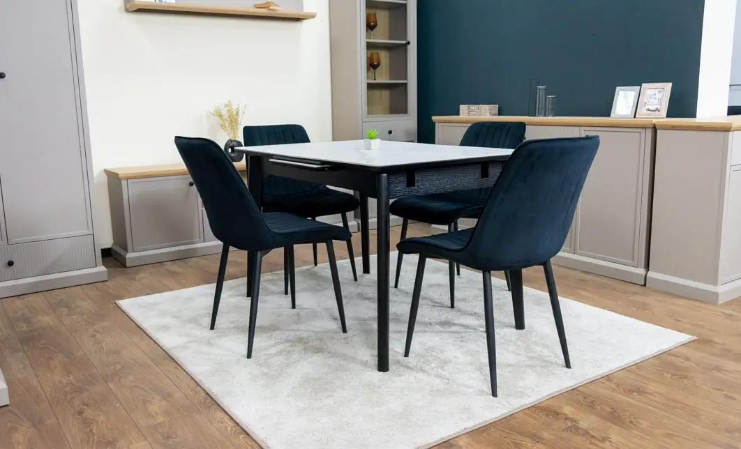 Set Masă Living Extensibilă KJT4711-1 Alb cu 4 Scaune KJC176 Negre