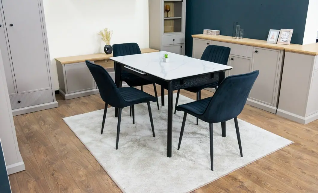 Set Masă Living Extensibilă KJT4711-1 Alb cu 4 Scaune KJC176 Negre