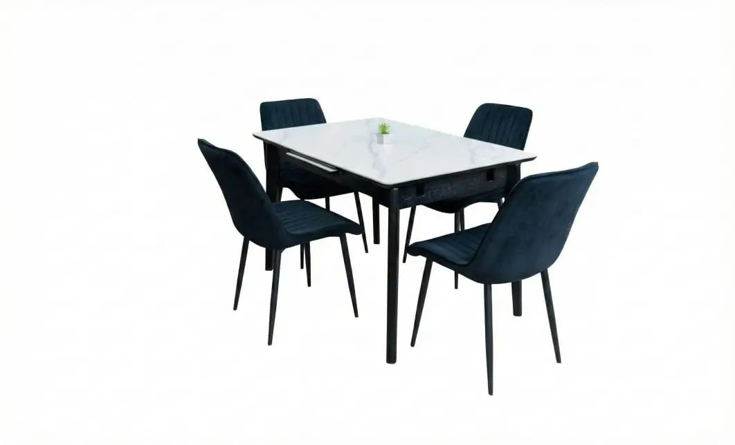 Set Masă Living Extensibilă KJT4711-1 Alb cu 4 Scaune KJC176 Negre 2