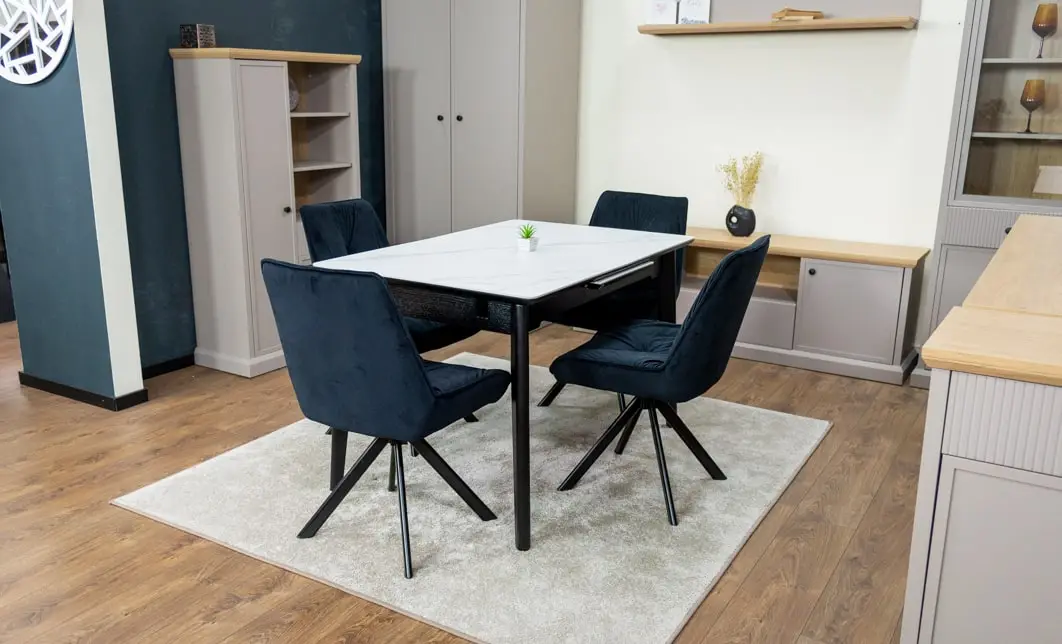 Set Masă Living Extensibilă KJT4711-1 Alb cu 4 Scaune Tapițate KJC356 Negre 5
