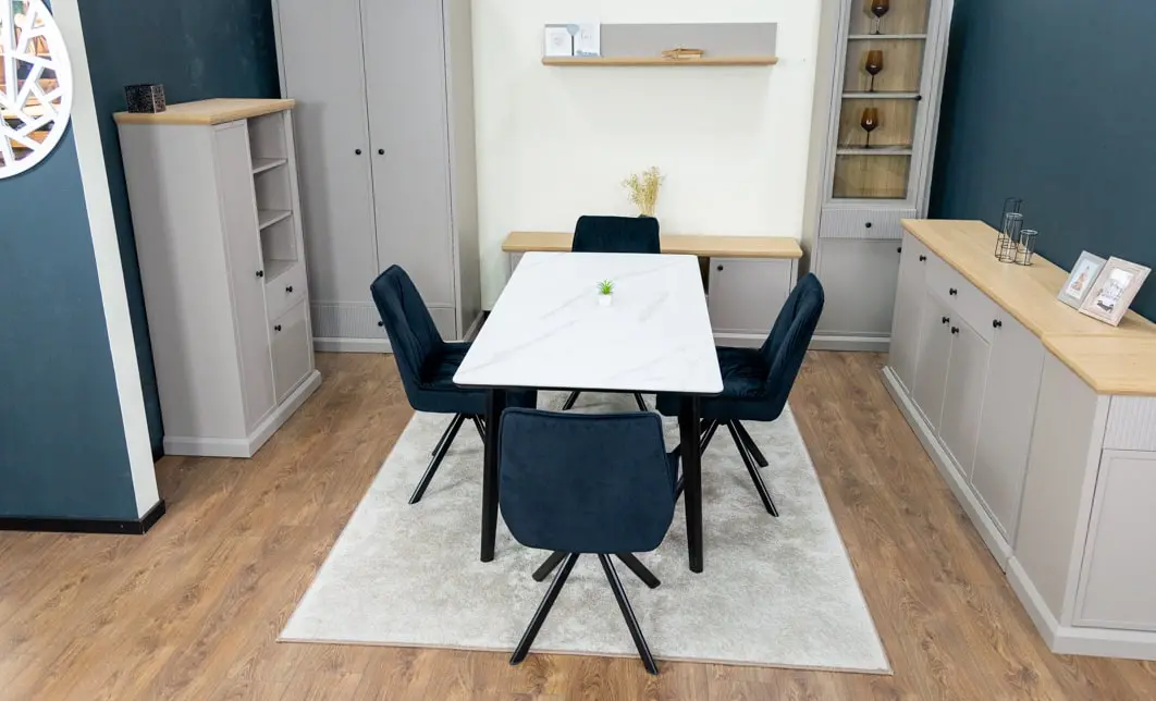 Set Masă Living Extensibilă KJT4711-1 Alb cu 4 Scaune Tapițate KJC356 Negre