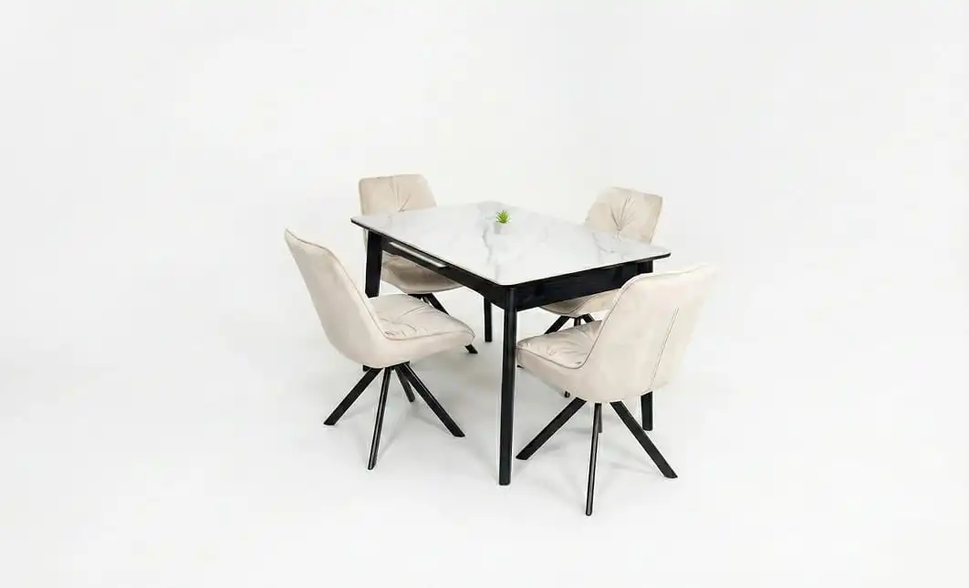 Set Masă Living Extensibilă KJT4711-1 Alb cu 4 Scaune Tapițate KJC356 Bej 1