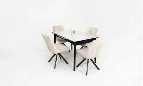 Set Masă Living Extensibilă KJT4711-1 Alb cu 4 Scaune Tapițate KJC356 Bej