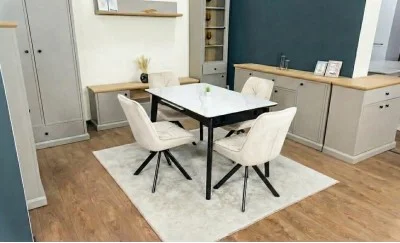 Set Masă Living Extensibilă KJT4711-1 Alb cu 4 Scaune Tapițate KJC356 Bej