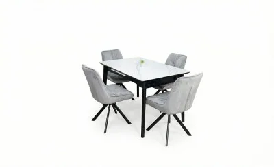 Set Masă Living Extensibilă KJT4711-1 Alb cu 4 Scaune Tapițate KJC356 Gri