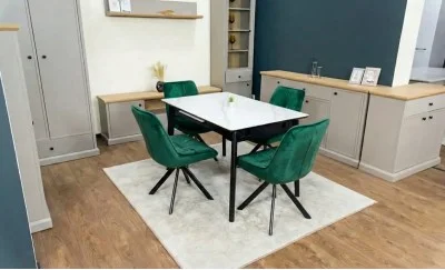 Set Masă Living Extensibilă KJT4711-1 Alb cu 4 Scaune Tapițate KJC356 Verde