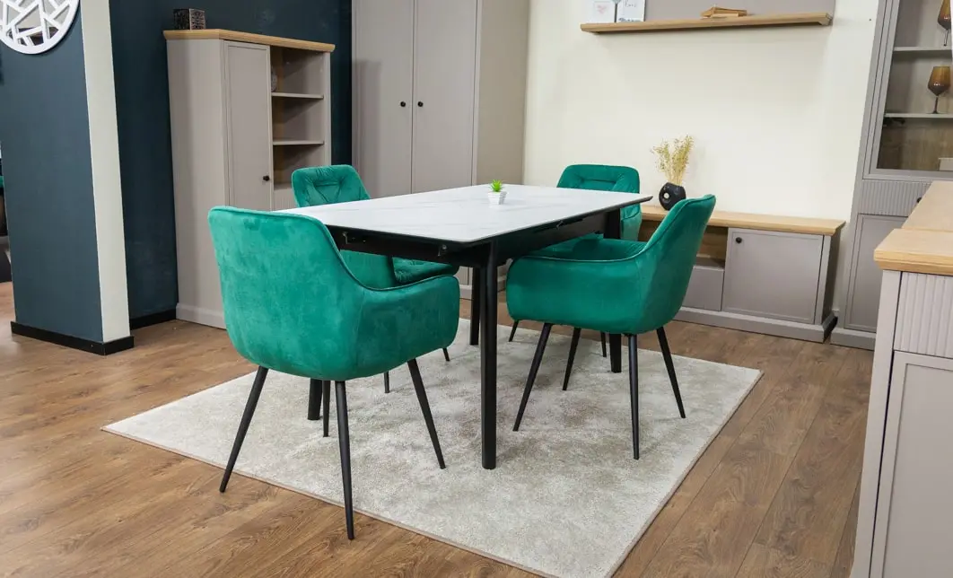 Set Masă Living Extensibilă KJT4711-1 Alb cu 4 Scaune Tapițate KJC38 Verde 5