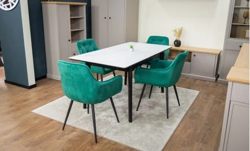 Set Masă Living Extensibilă KJT4711-1 Alb cu 4 Scaune Tapițate KJC38 Verde
