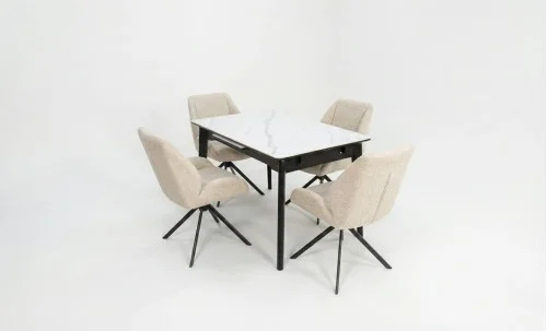 Set Masă Living Extensibilă KJT4711-1 Alb cu 4 Scaune Tapițate KJC4347 Bej
