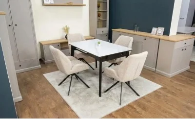 Set Masă Living Extensibilă KJT4711-1 Alb cu 4 Scaune Tapițate KJC4347 Bej