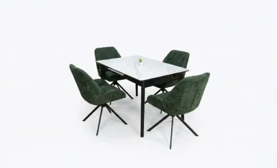Set Masă Living Extensibilă KJT4711-1 Alb cu 4 Scaune Tapițate KJC4347 Verde
