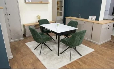 Set Masă Living Extensibilă KJT4711-1 Alb cu 4 Scaune Tapițate KJC4347 Verde