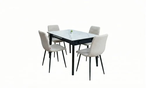 Set Masă Living Extensibilă KJT4711-1 Alb cu 4 Scaune KJC5341 Bej