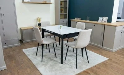 Set Masă Living Extensibilă KJT4711-1 Alb cu 4 Scaune KJC5341 Bej