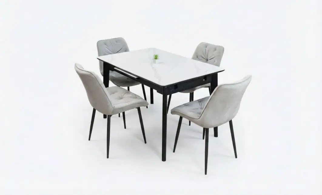 Set Masă Living Extensibilă KJT4711-1 Alb cu 4 Scaune KJC0357 Gri 2
