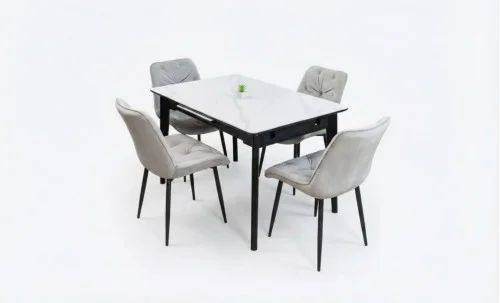 Set Masă Living Extensibilă KJT4711-1 Alb cu 4 Scaune KJC0357 Gri