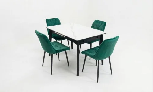 Set Masă Living Extensibilă KJT4711-1 Alb cu 4 Scaune KJC0357 Verzi