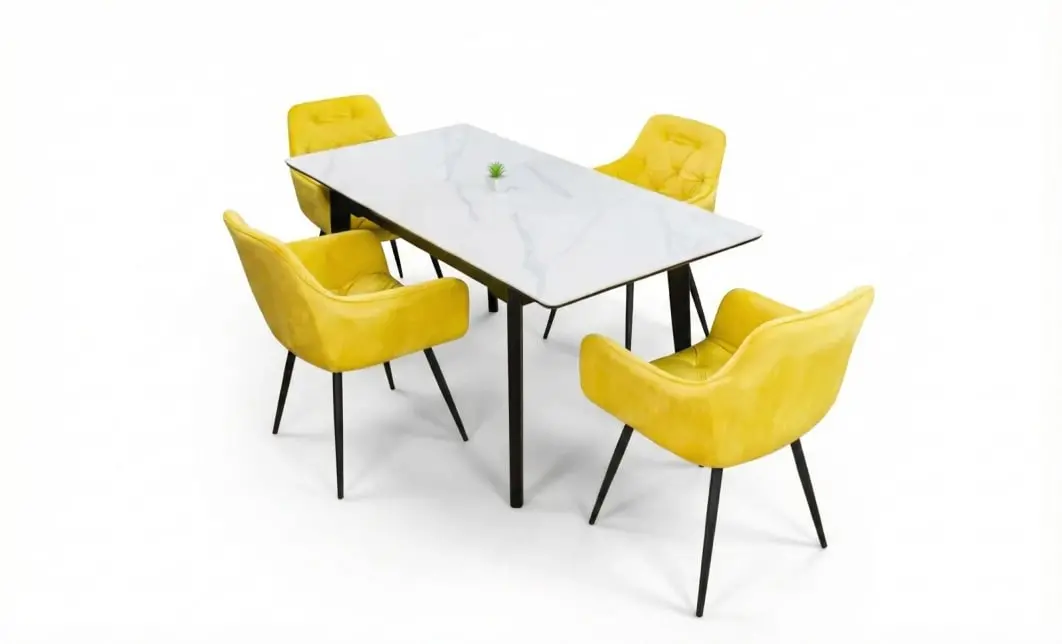 Set Masă Living Extensibilă KJT4711-1 Alb cu 4 Scaune Tapițate KJC38 Galbene 2