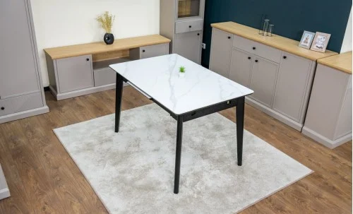 Set Masă Living Extensibilă KJT4711-1 Alb cu 4 Scaune Tapițate DCM2001AF Bej