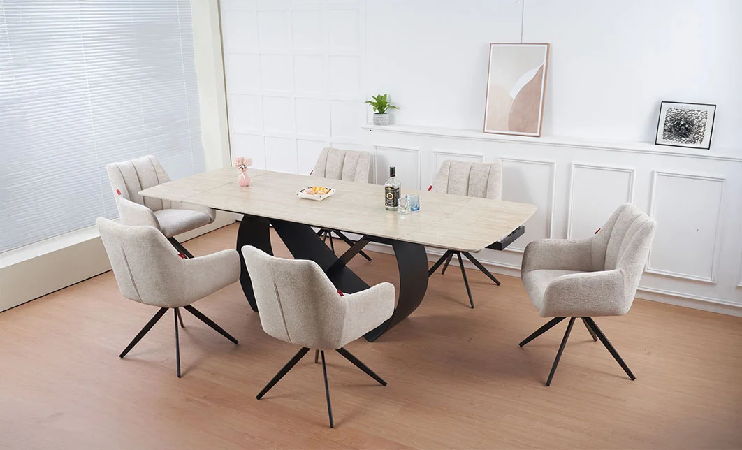 Set Masă Living Extensibilă Blat Ceramic KJT4714 cu 6 Scaune Living Rotative DCM0112 Bej