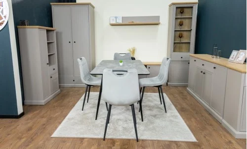 Set Masă Living Extensibilă KJT546 Gri cu 4 Scaune Tapițate KJC0358 Gri