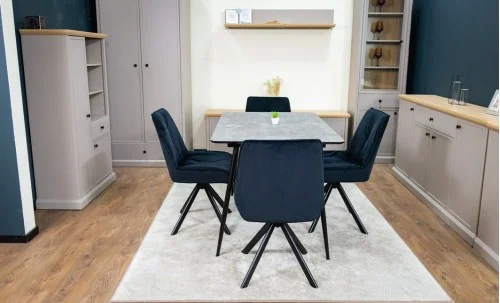 Set Masă Living Extensibilă KJT546 Gri cu 4 Scaune Tapițate KJC356 Negre