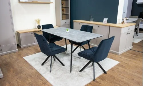 Set Masă Living Extensibilă KJT546 Gri cu 4 Scaune Tapițate KJC356 Negre