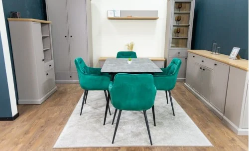 Set Masă Living Extensibilă KJT546 Gri cu 4 Scaune Tapițate KJC38 Verzi