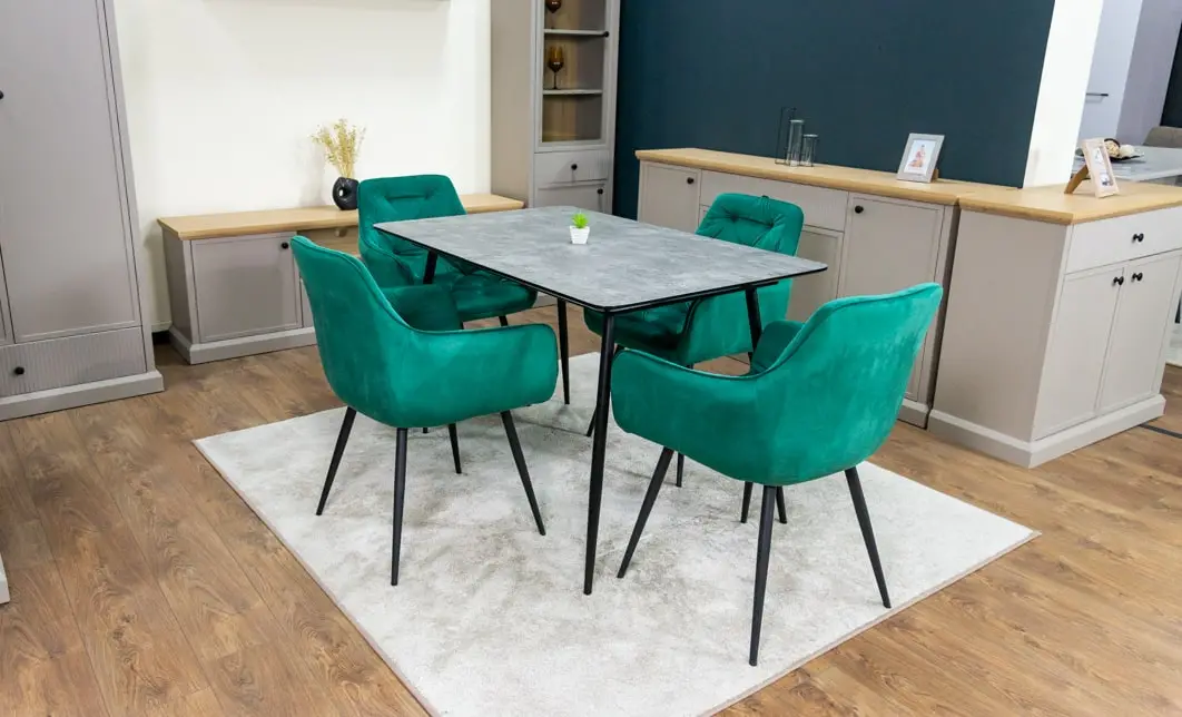 Set Masă Living Extensibilă KJT546 Gri cu 4 Scaune Tapițate KJC38 Verzi