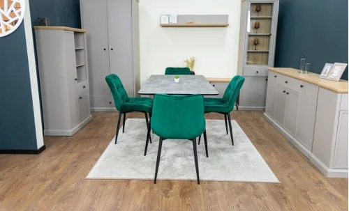 Set Masă Living Extensibilă KJT546 Gri cu 4 Scaune Tapițate KJC0357 Verzi