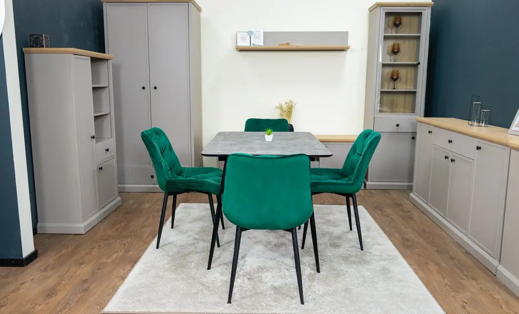 Set Masă Living Extensibilă KJT546 Gri cu 4 Scaune Tapițate KJC0357 Verzi