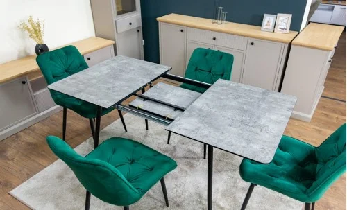 Set Masă Living Extensibilă KJT546 Gri cu 4 Scaune Tapițate KJC0357 Verzi