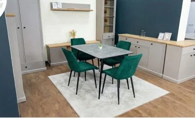 Set Masă Living Extensibilă KJT546 Gri cu 4 Scaune Tapițate KJC176 Verzi