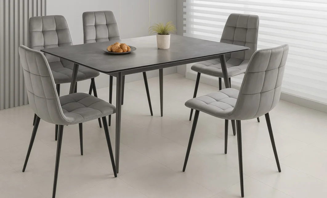 Set Masă Living Extensibilă KJT546 Gri cu 6 Scaune KJC37 Gri