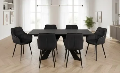 Set Masă Living Extensibilă Blat Ceramic Salvadore Gri/Negru Mat cu 6 Scaune Living KJC4344 Gri Închis