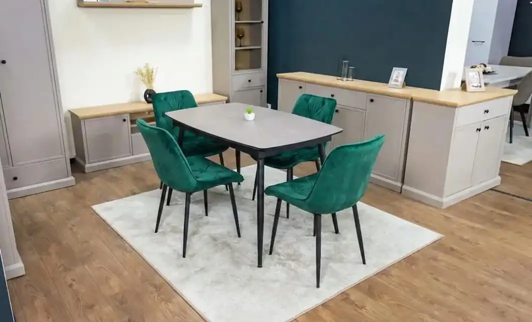 Set Masă Living Extensibilă Yense 125 Gri Lagun cu 4 Scaune Tapițate KJC0357 Verzi