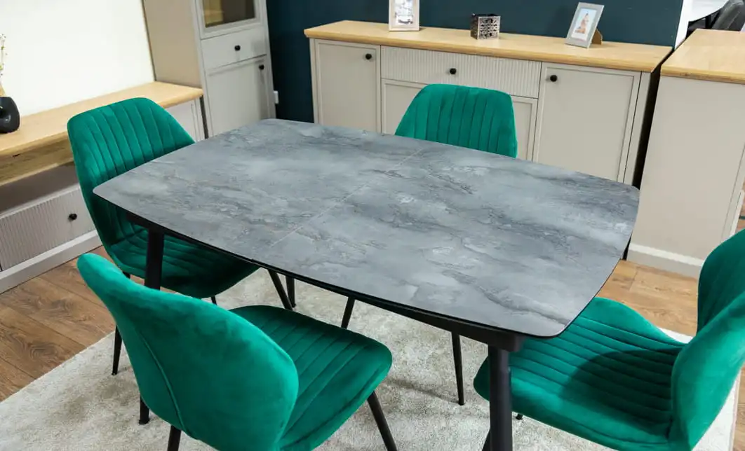 Set Masă Living Extensibilă Yense 125 Gri cu 4 Scaune Tapițate KJC104 Verzi