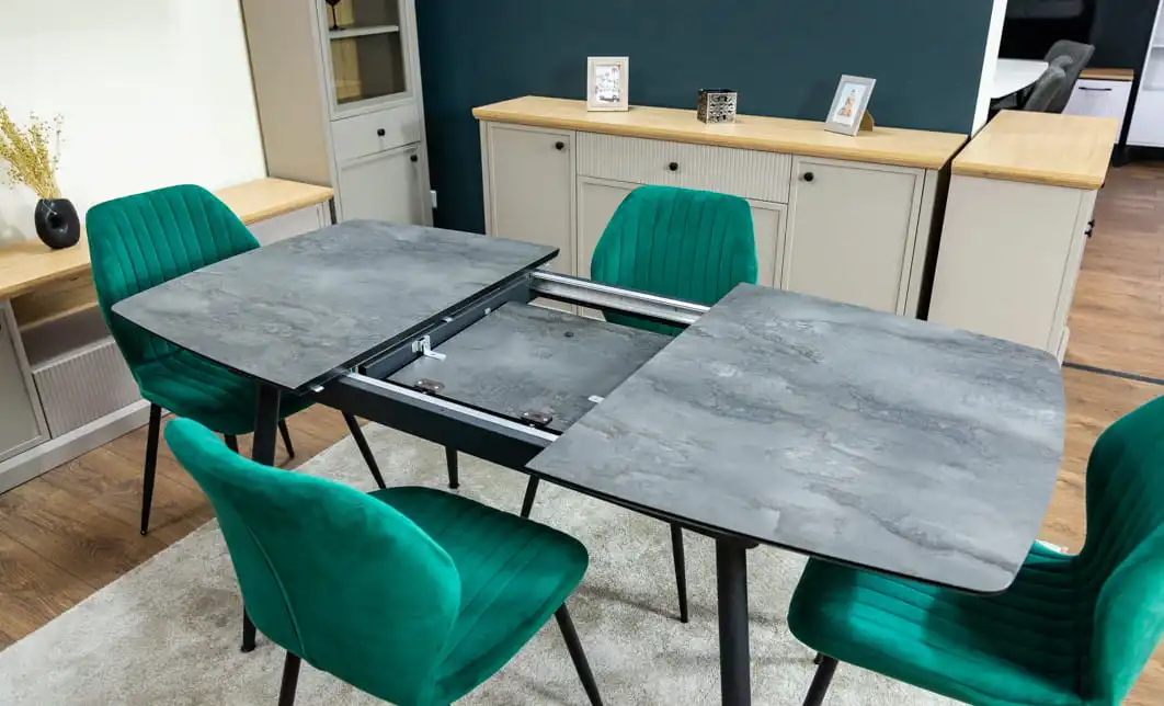 Set Masă Living Extensibilă Yense 125 Gri cu 4 Scaune Tapițate KJC104 Verzi