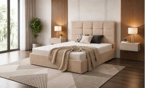 Set Pat Tapițat Siena KJB6293 Bej cu saltea Bonell si Somieră rabatabilă, 160x200 cm
