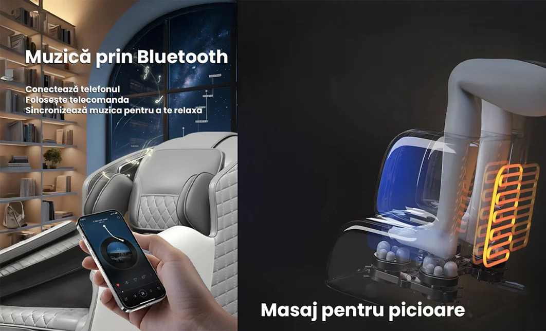 Fotoliu de Masaj A077 Bej, Masaj pe 6 Zone, Role 3D S-Curve, Stretching, Încălzire, Bluetooth 4