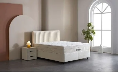 Set Pat Tapitat cu Saltea si Somiera Arden White, 160x200 cm