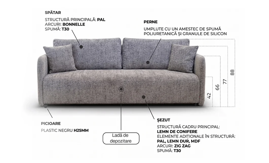 Canapea Extensibilă Allen, Cu Ladă Depozitare, Stofă BELLA 60, Gri 3