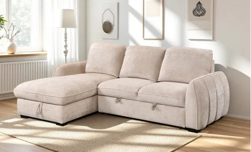 Colțar Extensibil Cremona KF7942 cu Ladă Depozitare, Șezlong Stânga, Bej