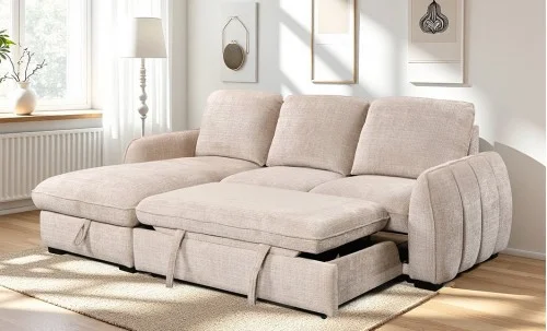 Colțar Extensibil Cremona KF7942 cu Ladă Depozitare, Șezlong Stânga, Bej