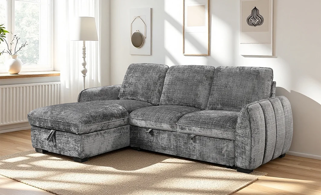 Colțar Extensibil Cremona KF7942 cu Ladă Depozitare, Șezlong Stânga, Gri