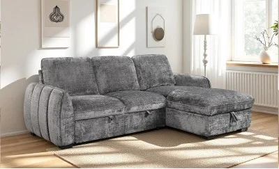 Colțar Extensibil Cremona KF7942 cu Ladă Depozitare, Șezlong Dreapta, Gri