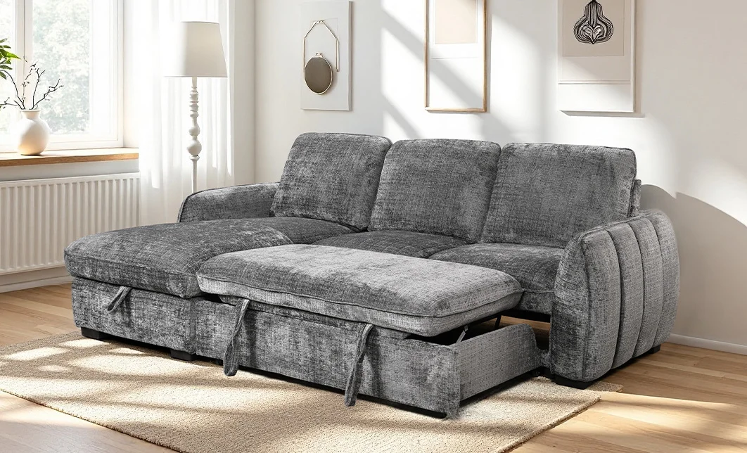 Colțar Extensibil Cremona KF7942 cu Ladă Depozitare, Șezlong Stânga, Gri 6