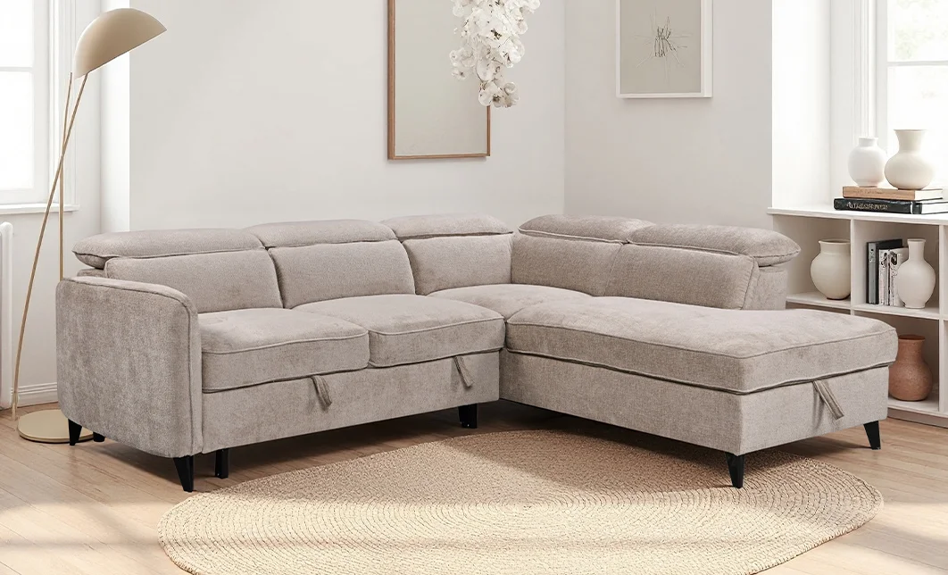 Colțar Extensibil Harmony KF7905 cu Ladă Depozitare, Șezlong Dreapta, Gri Deschis