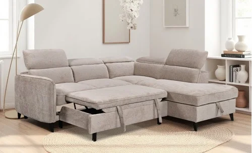 Colțar Extensibil Harmony KF7905 cu Ladă Depozitare, Șezlong Stânga, Gri Deschis